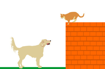 Labrador retriever dog stalks the cat on brick wall vector illustration isolated on white. Dog barks and wont to catch cat, but he cant reach her because of height. Outdoor pet fun game urban backyard - obrazy, fototapety, plakaty