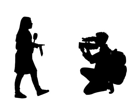 Journalist News Reporter Interview with camera crew vector silhouette illustration isolated. TV reporter interviewed people on the street. Cameraman, light, sound assistant backup to presenter lady.