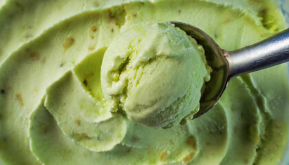 Illustration of a scoop of pistachio ice cream, scooped out of the container with a spoon. Top view. Generative ai.