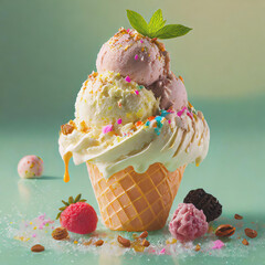 Illustration of vanilla and strawberry ice cream in waffle cup with sprinkles, nuts, fruits and mint leaf. Delicious summer dessert .Generative AI.