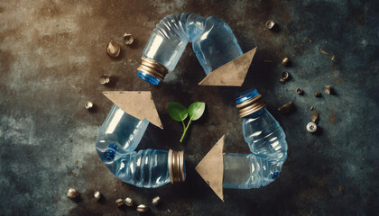Illustration of crumpled plastic bottles forming the recycling sign, on a metal background, incorporating the concept of ecology and sustainability. Generative AI