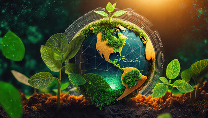 Illustration of globe on moss background, ecology and environment concept. A globe adorned with greenery and digital interfaces, symbolizing harmony between nature and tech. Generative ai.