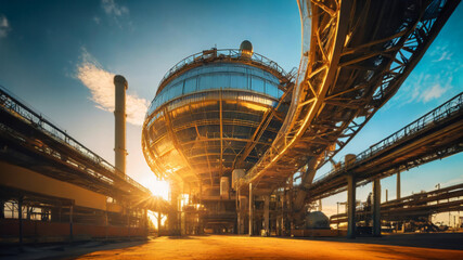 Illustration of industrial setting at sunset, with a spherical structure surrounded by intricate pipes. Pipeline transport petrochemical, gas and oil processing, furnace factory line. Generative Ai