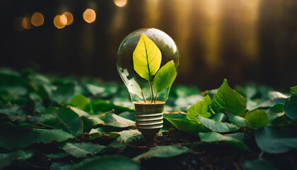Illustration of a plant grows inside a light bulb amidst green leaves, symbolizing eco-friendly innovation and the blend of technology with nature. Generative Ai.