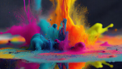 Illustration of explosion of bright colorful paint on dark background, burst of multicolored powder, abstract pattern of colored dust splash. Create backdrop concept. Generated ai.