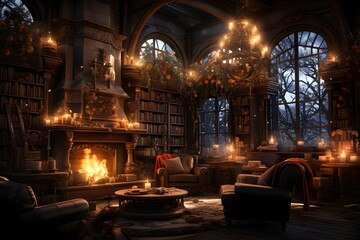3d illustration of christmas background with fireplace and christmas tree