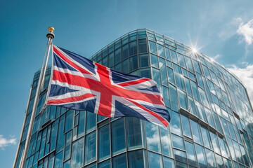 The picturesque scene captures the UK flag gracefully waving in front of a contemporary glass skyscraper against a clear blue sky, symbolizing unity and strength