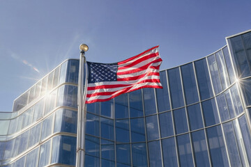 A grand American flag, representing freedom and unity, elegantly dances in the breeze in front of a sleek glass building, its stars and stripes boldly standing out under the radiant sun