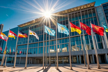 Fototapeta na wymiar A row of colorful flags of the world blowing in the wind in front of a modern glass and steel building. The flags are arranged in a line with the blue sky and sun as the background