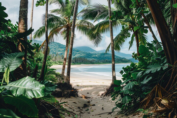 Serene beach framed by lush vegetation and towering palm trees