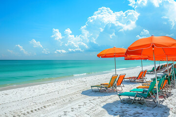 Serene beach with colorful beach umbrellas and lounge chairs