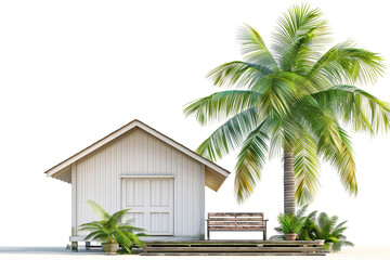 Serene coastal cottage with a serene garden and a wooden bench under a shady palm tree, isolated on solid white background.