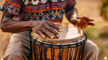 A man playing an ethnic percussion musical instrument jembe. Drummer playing african music

