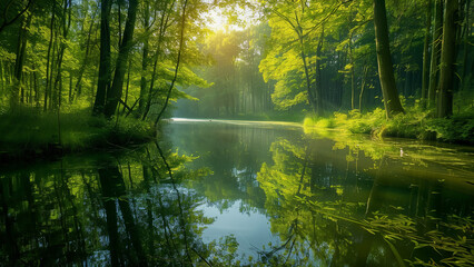 Fototapeta na wymiar Serene Beauty of Forest Lake