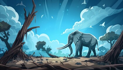 With a droopy trunk, a lonely elephant wandered the savanna, searching for its lost herd of companions - obrazy, fototapety, plakaty