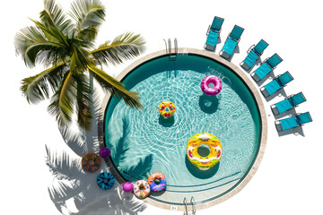 Serene hotel pool surrounded by tropical palm trees and colorful floating pool toys, isolated on solid white background.