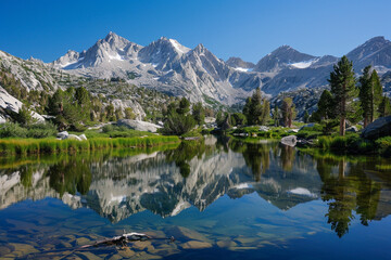 Fototapeta na wymiar Serene mountain lake reflecting the surrounding peaks