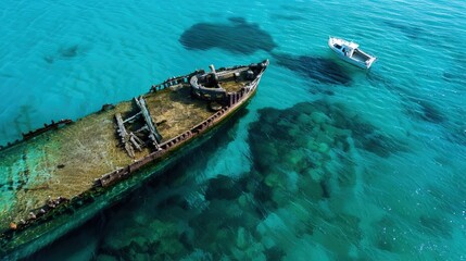 A small boat examines a shipwreck off the coast of Northwest Aruba.

