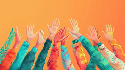 banner background National High Five Day theme, and wide copy space, [Illustrated hands of different skin tones exchanging high fives], for banner, UHD image