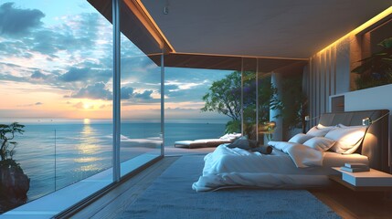 Architecture interior design home bedroom living room concept modern luxury furnishings. City living nature landscape house by the ocean