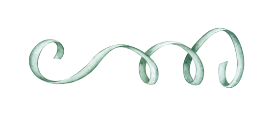 Watercolor illustration of festive twisted green ribbon, confetti, fireworks, birthday. Isolated from the background. For designing invitations, cards, banners, flyers, advertising.