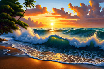 beautiful dramatic landscape painting - waves crashing with froth on a tropical beach at sunset beneath a cloudy sky