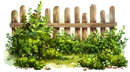 Serene Garden with Lush Green Bushes and Rustic Wooden Fence, Cut Out Illustration
