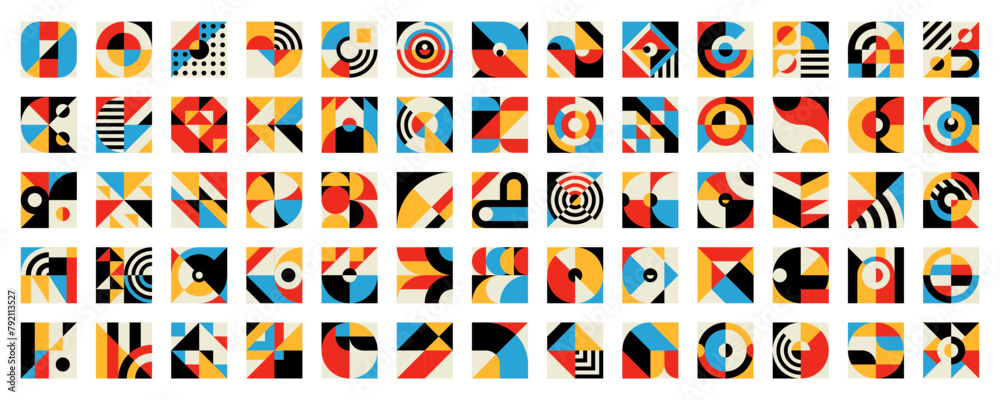 Poster Abstract geometric elements, modern pattern of color square, circle, triangle and rectangle vector shapes. Modern simple graphic elements of line, dots, arches and zigzag compositions, minimal art