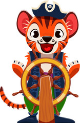 Cartoon tiger animal skipper or pirate corsair character with steering wheel, vector captain. Funny tiger as Caribbean pirate or seaman sailor at ship helm in tricorne hat with crossbones skull