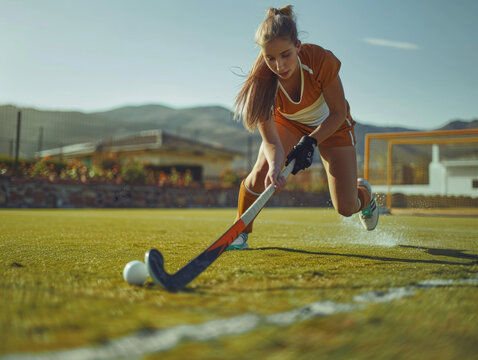A field hockey player in an orange jersey dribbling the ball with intense focus on the field.