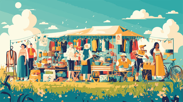People in flea market vector illustration. Cartoon