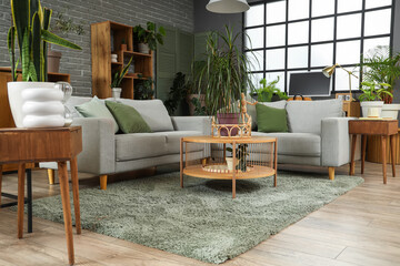 Interior of living room with plants, sofas and tables