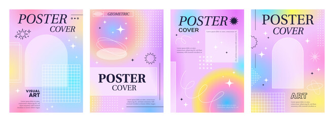 Aesthetic modern Y2K gradient poster covers with frames and backgrounds, vector templates. Pastel or neon rainbow color gradient posters with Y2K aesthetic geometric and simple minimal line frames