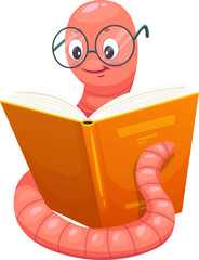 Cartoon bookworm character reading book, vector worm in glasses. Bookworm in eyeglasses reading book in library, intelligent work character or school student and education intelligent nerd