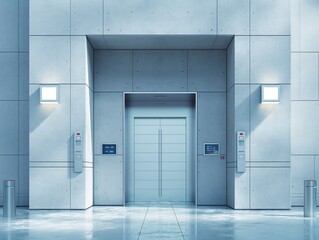 A large white elevator door is open in a large building