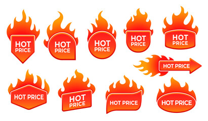 Hot price deal labels promotion offer emblems with fire flames. Isolated vector badges or icons with red burning blaze tongues. Special offer promo tags for discounted items, retail or clearance sales - obrazy, fototapety, plakaty