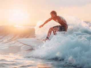 A surfer rides a towering wave, skilled maneuver captured in golden sunlight.