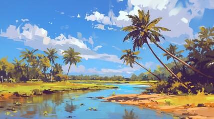 Obraz premium A vibrant digital painting background showcases palm trees swaying gracefully on a sandy river bank under the warm daylight creating a picturesque illustration