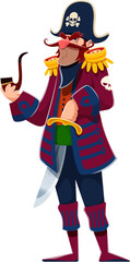 Cartoon pirate skipper character, danger corsair confidently puffs on a curling smoking pipe. Isolated vector filibuster nautical personage wearing a captain hat and admiral coat, armed with a saber