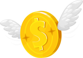 Golden coin on wings, flying dollar money 3D vector icon for casino, bank and finance. Cartoon gold coin on wings for bonus award, investment, payment and currency cash wallet or financial wealth - obrazy, fototapety, plakaty