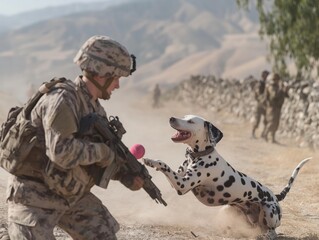 A soldier is playing with a dog in the desert. The dog is a Dalmatian and is jumping in the air