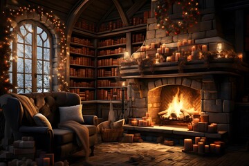 3d illustration of a room with a fireplace in the style of a fairy tale