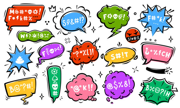 Comic swear speech bubbles, aggressive expletive curse, hate angry talk. Isolated vector set of colorful, dynamic dialogue clouds, conveying raw emotion and intensity, unfiltered vulgar rage outburst