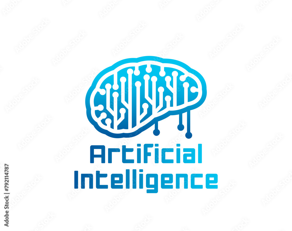 Poster AI Artificial Intelligence icon with computer machine brain with circuit board, vector emblem. Futuristic AI technology sign of digital brain for Artificial Intelligence or mind machine technology