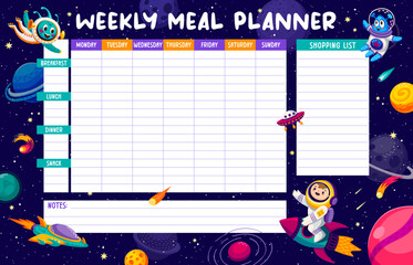 Weekly meal planner with kid astronaut and aliens on galaxy space landscape. Vector week food plan for little explorers. Calendar menu template for tasty cosmic dishes and stellar culinary adventures