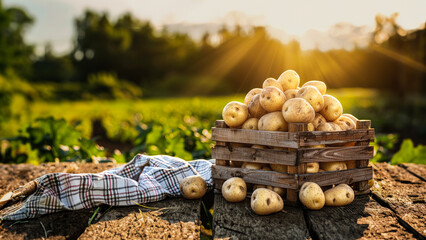 Wooden box full of potatoes on table with green field - Powered by Adobe