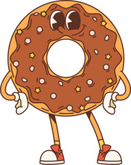Cartoon retro appetizing donut groovy character or funky pastry dessert, vector comic personage. Happy groovy donut with face in chocolate sprinkles, 70s hippie or hipster art fast food character