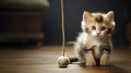 A playful calico kitten batting at a dangling string with curious, wide-eyed innocence