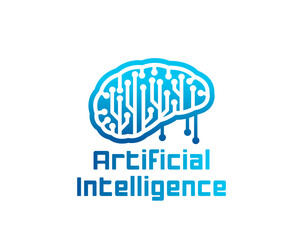 AI Artificial Intelligence icon with computer machine brain with circuit board, vector emblem. Futuristic AI technology sign of digital brain for Artificial Intelligence or mind machine technology