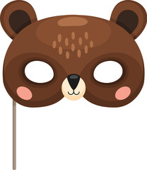 Bear animal carnival party mask. Festival or birthday costume. Isolated vector cute mask for kids with head of funny bear on stick. Decorative festive face covering for children holiday celebration